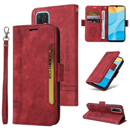 Red leather-style wallet phone case with card slots, magnetic flap, and wrist strap
