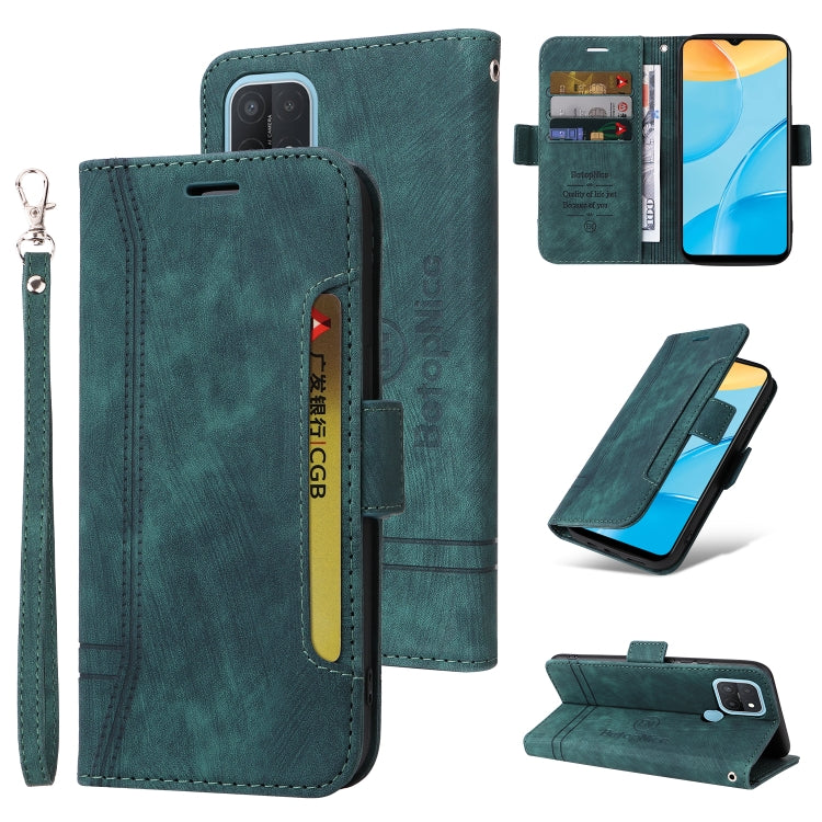 Teal leather-style wallet phone case with card slots, magnetic flap, and wrist strap