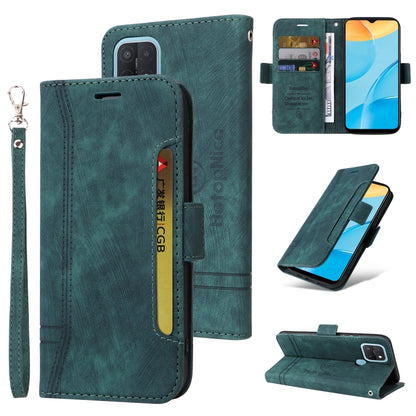 Teal leather-style wallet phone case with card slots, magnetic flap, and wrist strap