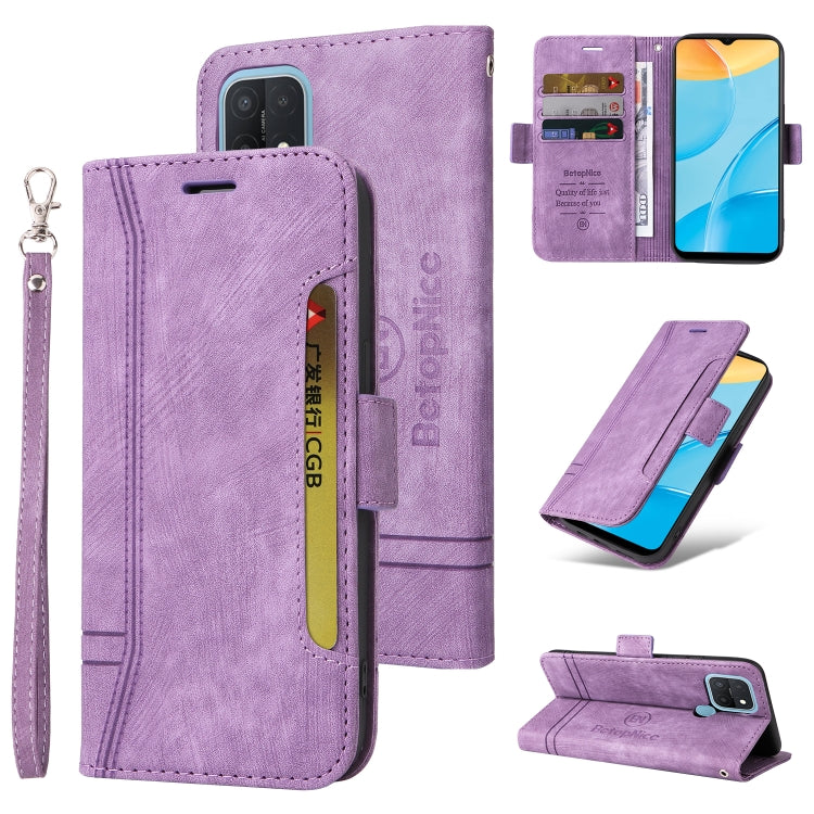 Purple leather-style wallet phone case with card slots, magnetic flap, and wrist strap