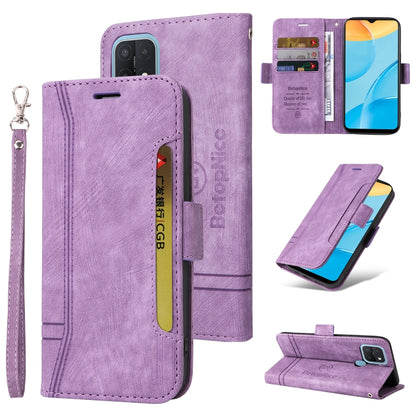 Purple leather-style wallet phone case with card slots, magnetic flap, and wrist strap