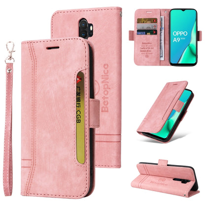 Pink leather-style wallet phone case with card slots, magnetic flap, and wrist strap