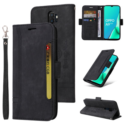 Black leather-style flip phone case with card slots, magnetic closure, and wrist strap