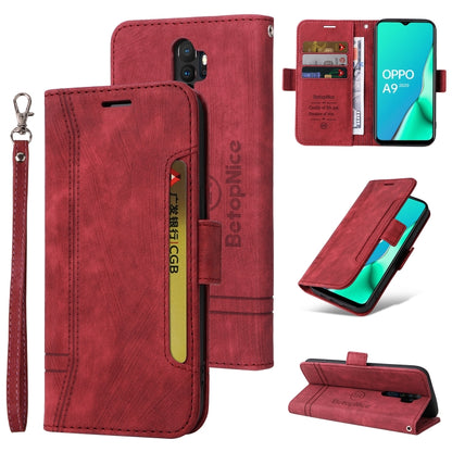 Red leather-style flip phone case with card slots, magnetic closure, and wrist strap