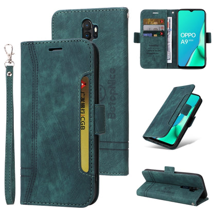 Teal leather-style flip phone case with card slots, magnetic closure, and wrist strap