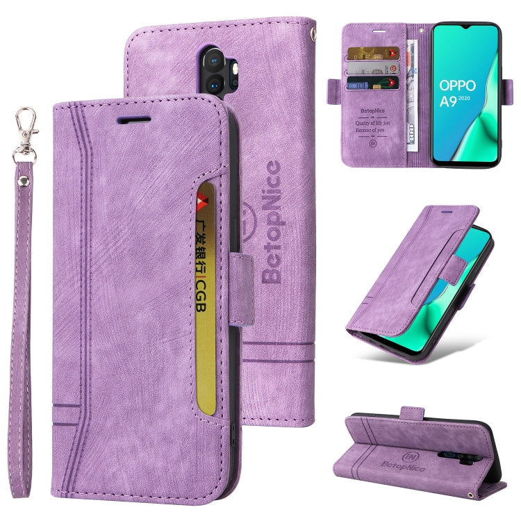 Purple leather-style flip phone case with card slots, magnetic closure, and wrist strap
