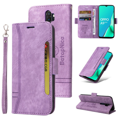 Purple leather-style flip phone case with card slots, magnetic closure, and wrist strap