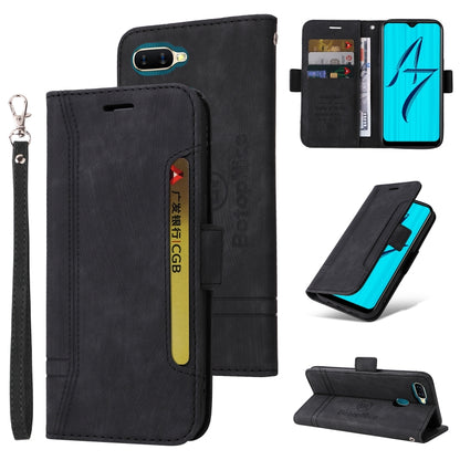 Black dual-side buckle leather phone case with card holder and wrist strap, stand view
