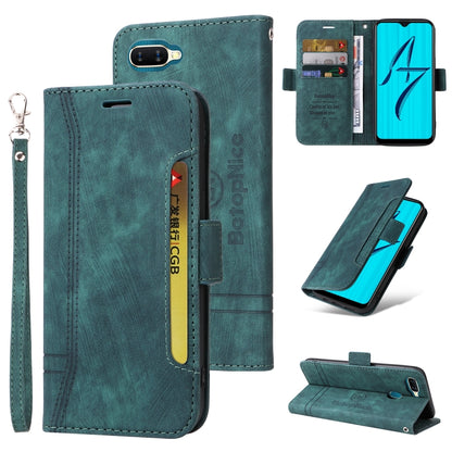 Teal dual-side buckle leather phone case with card holder and wrist strap, stand view