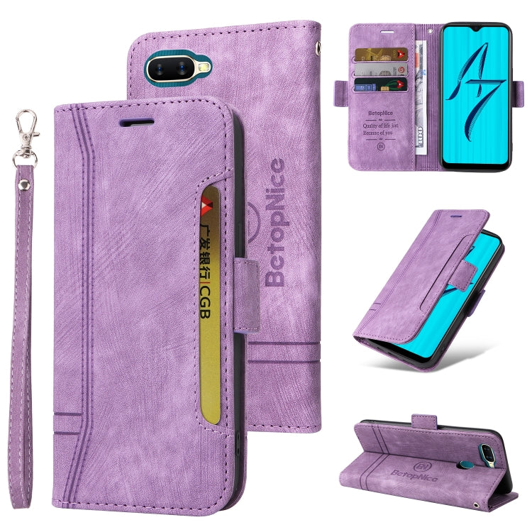 Purple dual-side buckle leather phone case with card holder and wrist strap, stand view
