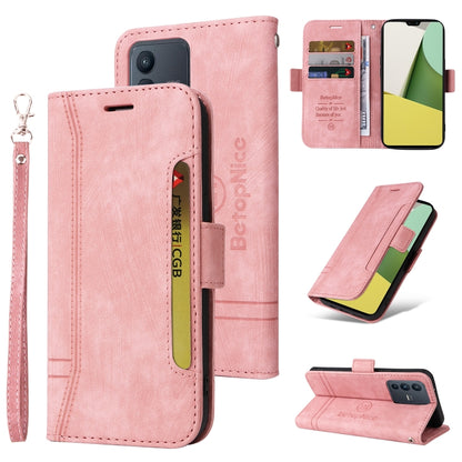 Pink dual-side buckle leather phone case with card slots and wrist strap