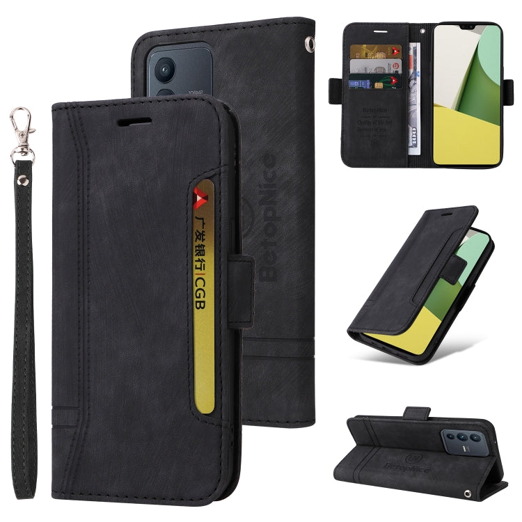 Black dual-side buckle leather phone case with card slots and wrist strap