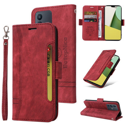 Red dual-side buckle leather phone case with card slots and wrist strap