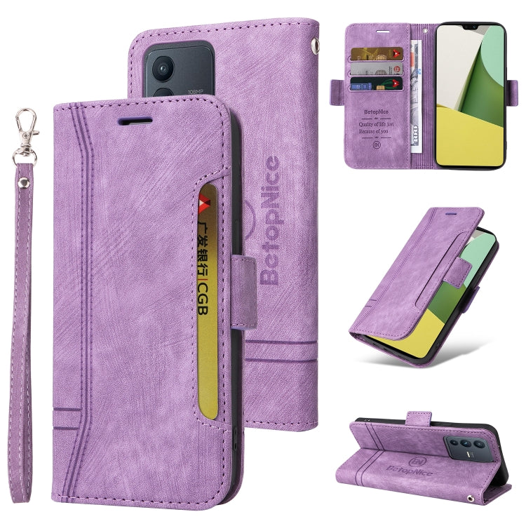 Purple dual-side buckle leather phone case with card slots and wrist strap