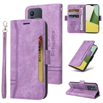 Purple dual-side buckle leather phone case with card slots and wrist strap