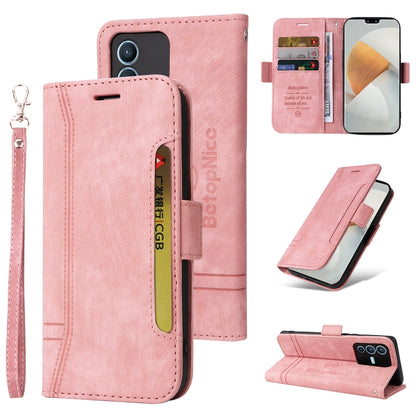 Light pink dual-side buckle leather phone case with wrist strap and card slots