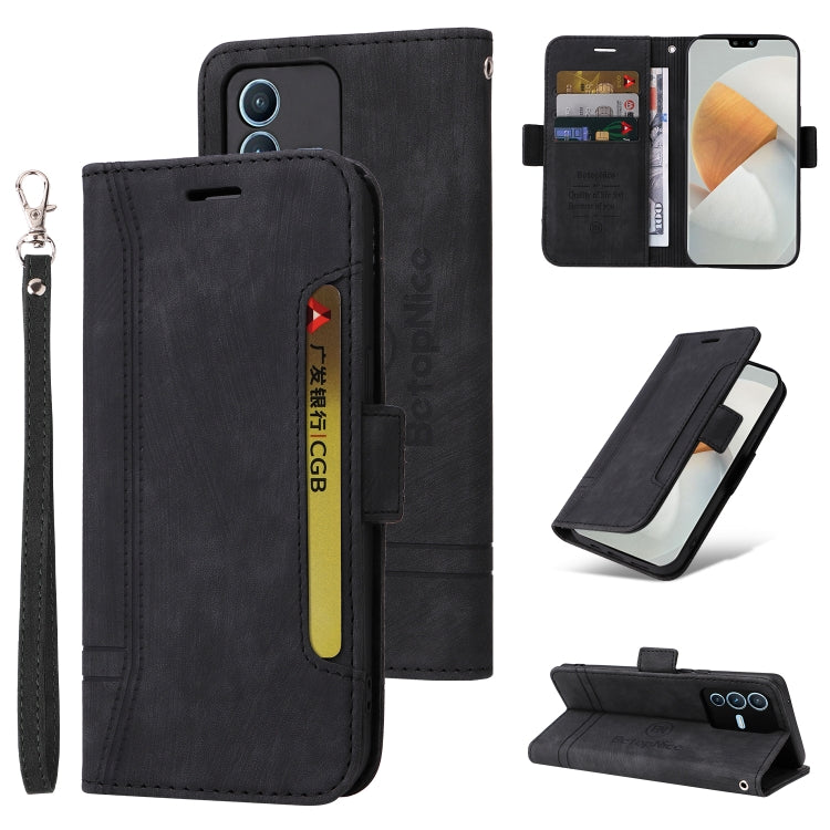 Black dual-side buckle leather phone case with wrist strap and card slots
