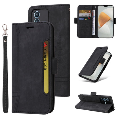 Black dual-side buckle leather phone case with wrist strap and card slots