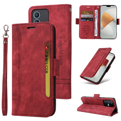 Red dual-side buckle leather phone case with wrist strap and card slots