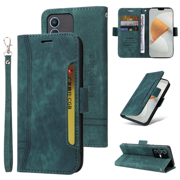 Teal green dual-side buckle leather phone case with wrist strap and card slots