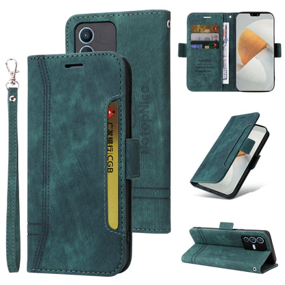 Teal green dual-side buckle leather phone case with wrist strap and card slots