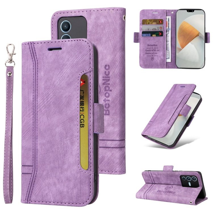 Purple dual-side buckle leather phone case with wrist strap and card slots