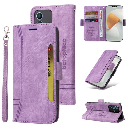 Purple dual-side buckle leather phone case with wrist strap and card slots