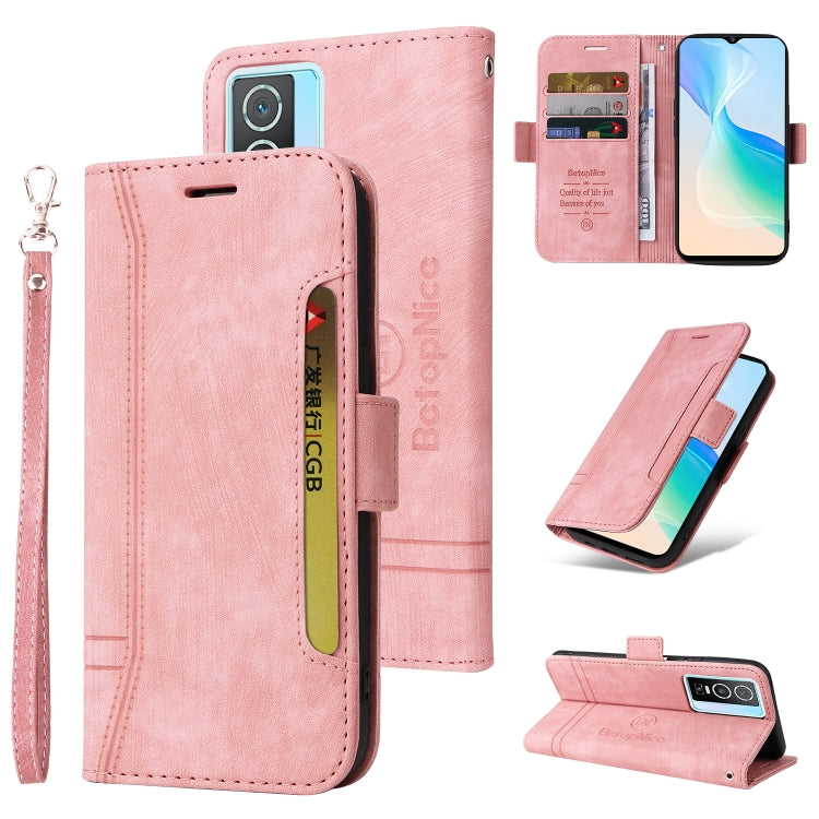 Pink leather phone case with flip cover, card slots, and wrist strap; stand view shown.
