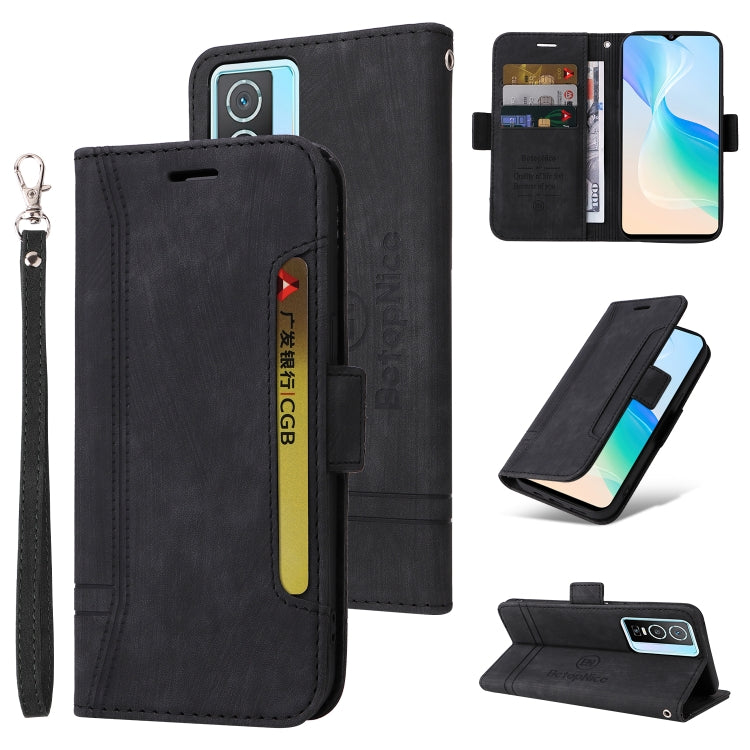 Black leather phone case with flip cover, card slots, and wrist strap; stand view shown.
