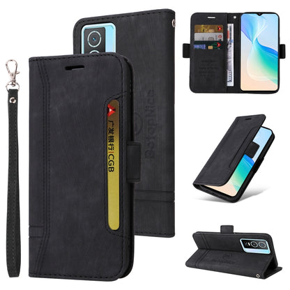 Black leather phone case with flip cover, card slots, and wrist strap; stand view shown.
