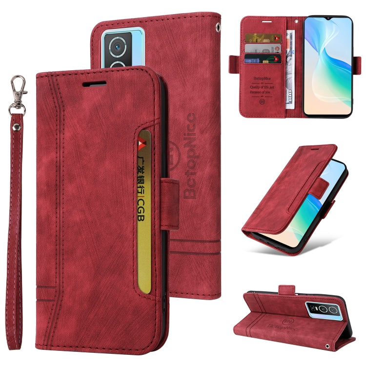 Red leather phone case with flip cover, card slots, and wrist strap; stand view shown.