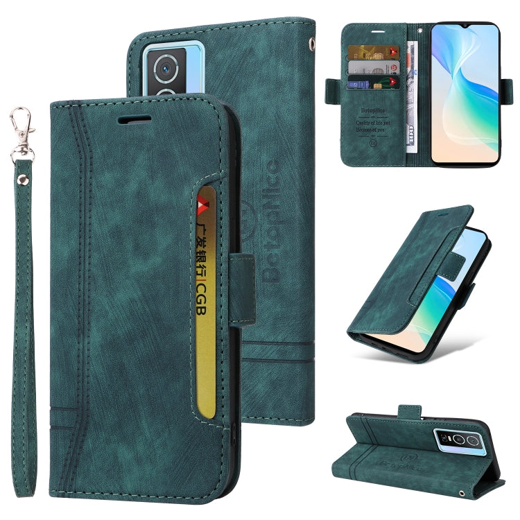 Teal leather phone case with flip cover, card slots, and wrist strap; stand view shown.
