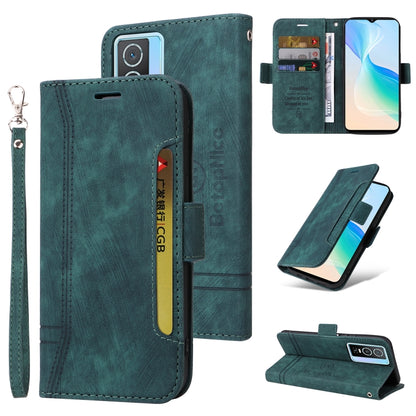 Teal leather phone case with flip cover, card slots, and wrist strap; stand view shown.