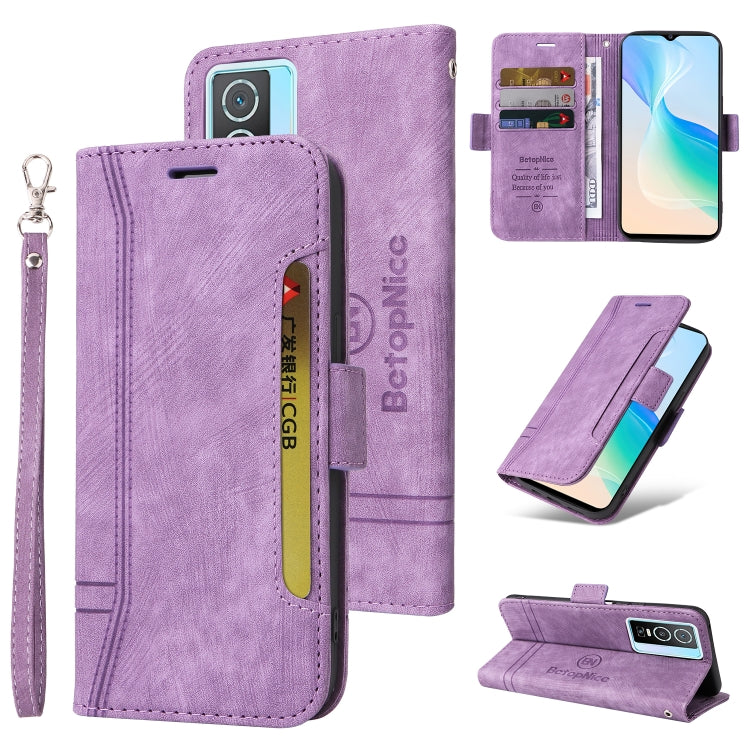 Purple leather phone case with flip cover, card slots, and wrist strap; stand view shown.
