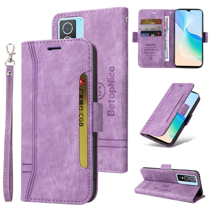 Purple leather phone case with flip cover, card slots, and wrist strap; stand view shown.