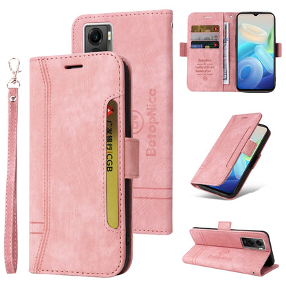 Blush pink leather folio phone case with wrist strap and dual-side buckle