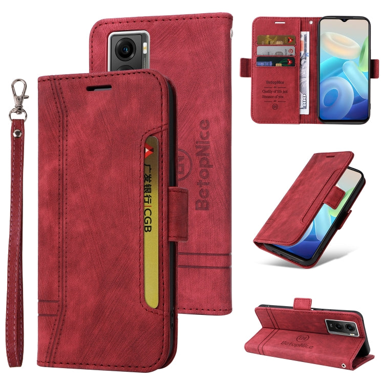 Burgundy leather folio phone case with wrist strap and dual-side buckle