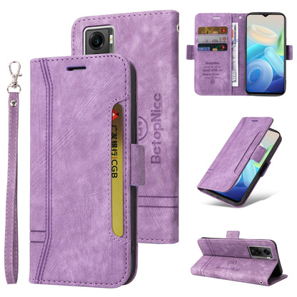 Lavender leather folio phone case with wrist strap and dual-side buckle