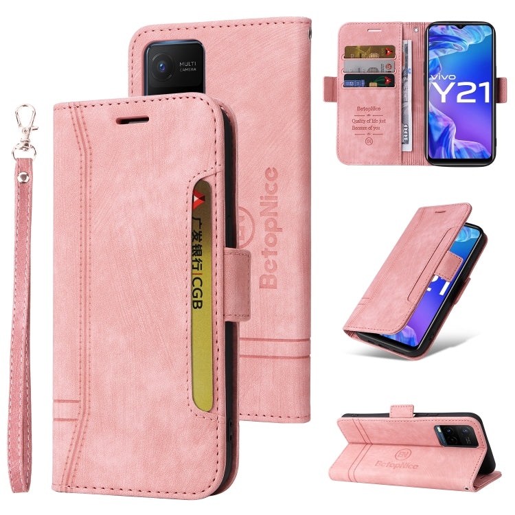 Pink leather phone wallet case with dual-side buckle, card slots, and wrist strap