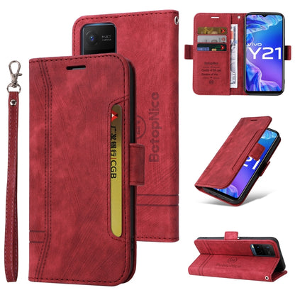 Red leather phone wallet case with dual-side buckle, card slots, and wrist strap