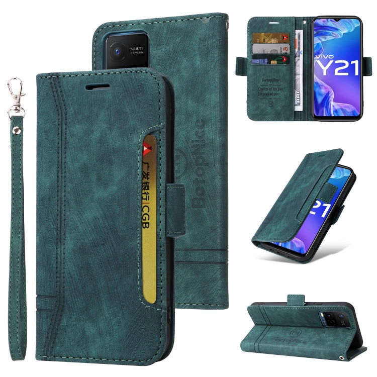 Teal/green leather phone wallet case with dual-side buckle, card slots, and wrist strap
