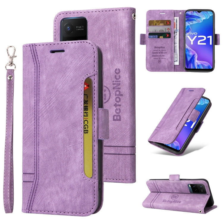 Purple leather phone wallet case with dual-side buckle, card slots, and wrist strap