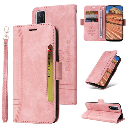 Pink leather phone wallet case with dual-side buckle, card slots, and wrist strap