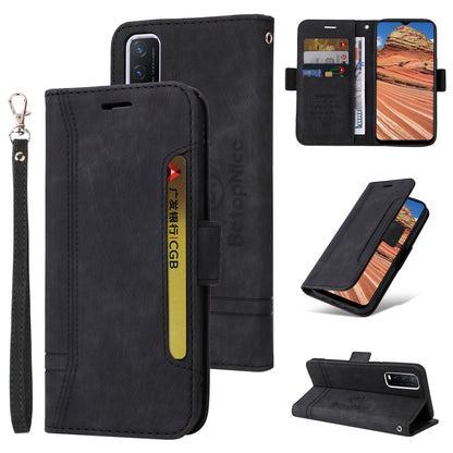 Black leather phone wallet case with dual-side buckle, card slots, and wrist strap