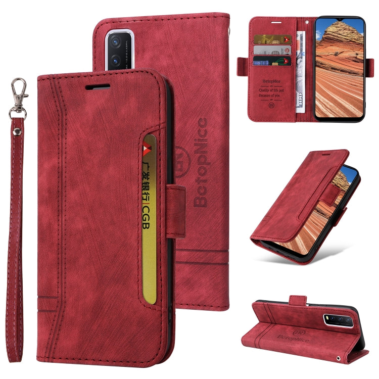 Red leather phone wallet case with dual-side buckle, card slots, and wrist strap