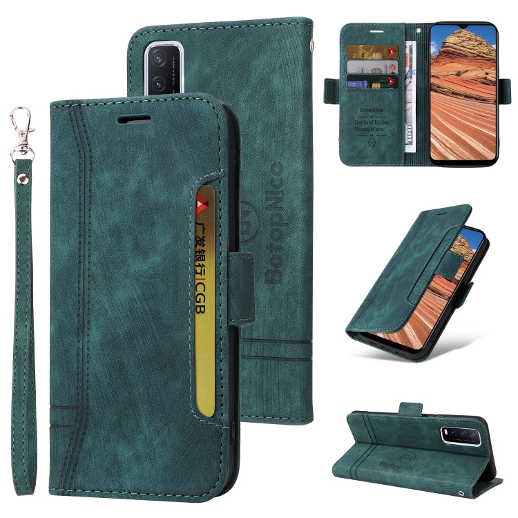 Dark teal leather phone wallet case with dual-side buckle, card slots, and wrist strap