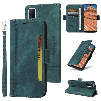 Dark teal leather phone wallet case with dual-side buckle, card slots, and wrist strap