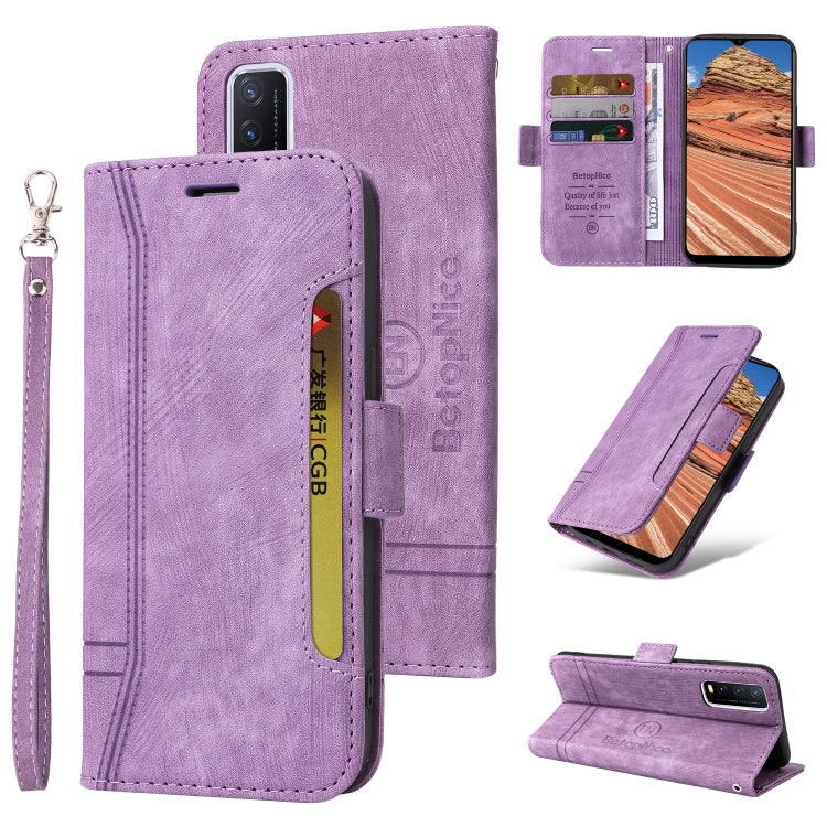 Light purple leather phone wallet case with dual-side buckle, card slots, and wrist strap