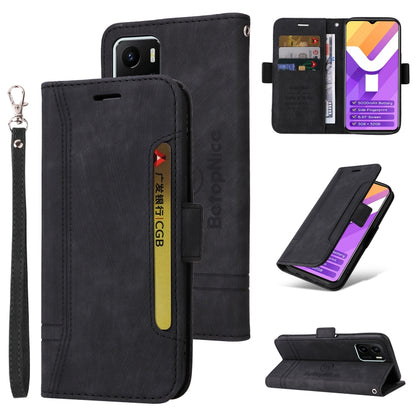 Black leather phone case with dual-side buckle, flip cover, and wrist strap.