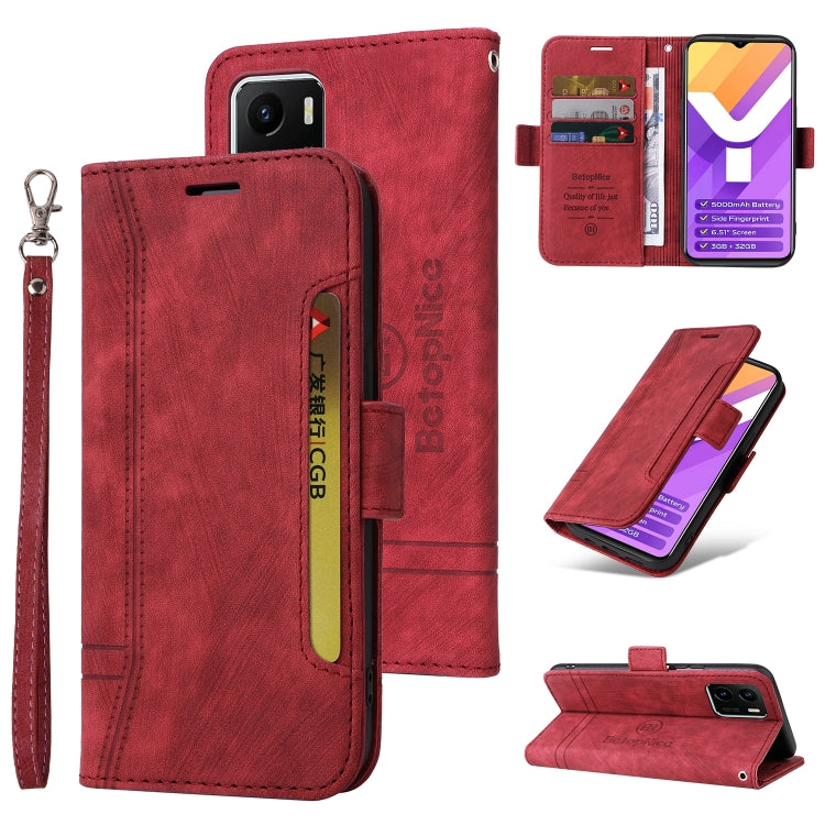 Red leather phone case with dual-side buckle, flip cover, and wrist strap.